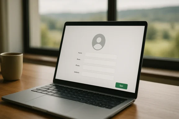 Laptop mit geöffnetem Profilformular auf einem Holztisch