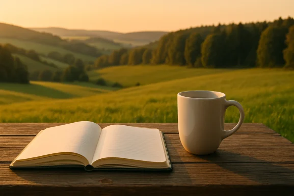 Aufgeschlagenes Notizbuch, Stift und beruhigender Tee auf Schreibtisch