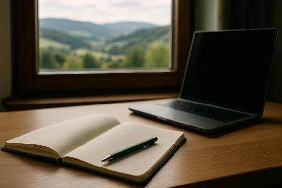 Notizbuch, Stift und geöffnete Buchseite auf Tisch