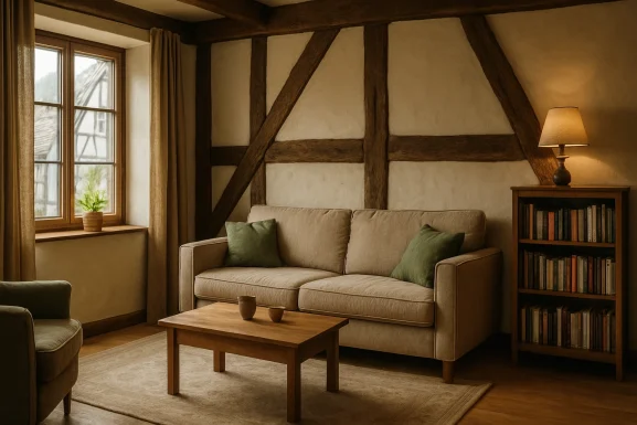 Wohnzimmer mit Teppich, Vorhängen und Regalen für bessere Akustik
