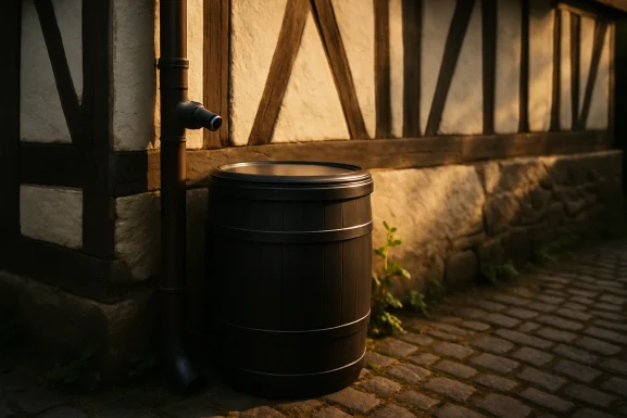 Regentonne wird im Garten am Fallrohr installiert