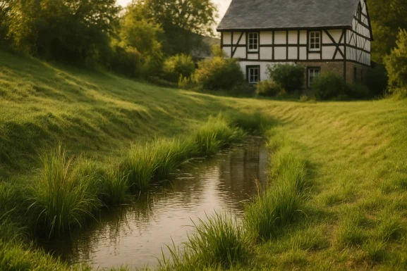 Regenwassermulde mit Pflanzen in grünem Garten
