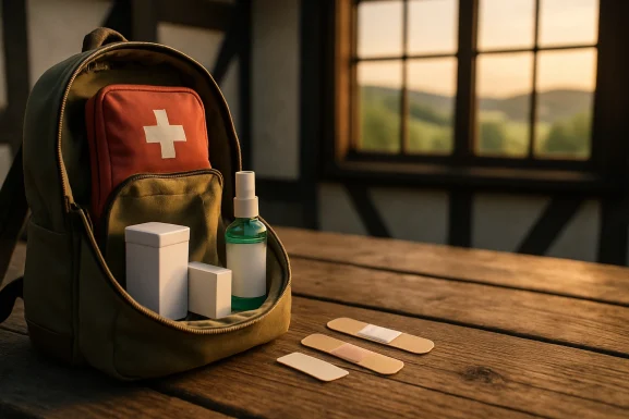 Kleine Reiseapotheke mit Basis-Medikamenten auf Holztisch