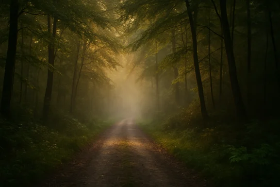 Sonnenstrahlen fallen durch dichte Bäume im Hunsrück-Wald