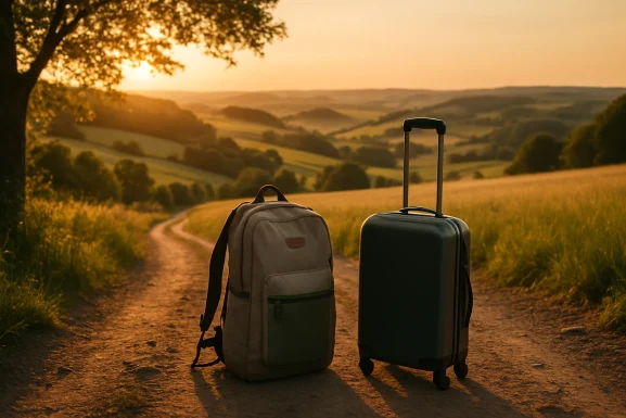 Rucksack und Koffer stehen nebeneinander auf einem Weg