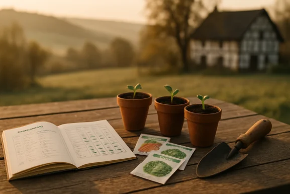 Verschiedene Gemüsesamen und ein Kalender auf Holztisch