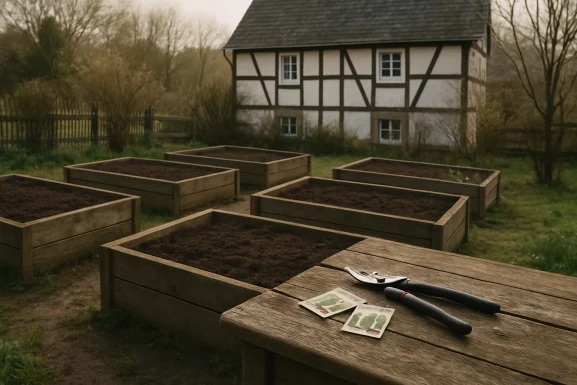 Gemüsebeet und Gartenwerkzeuge im Frühlingslicht
