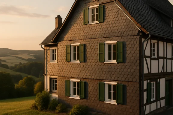 Handwerker erneuert Schieferplatten an einer Hausfassade