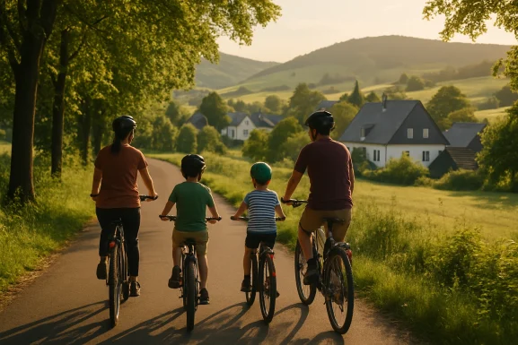 Familien radeln auf einem Weg mit Spielplatz im Grünen
