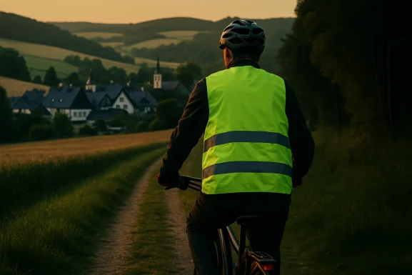 Fahrradfahrer mit Licht und Reflektoren auf Landstraße im Hunsrück