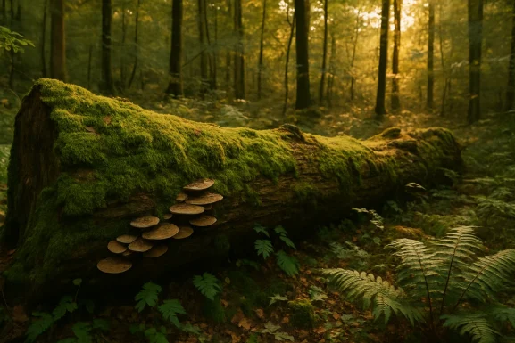 Liegendes Totholz zwischen Moos und jungen Pflanzen im Wald
