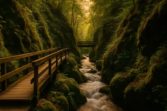 Schmaler Wanderweg entlang eines Baches in felsiger Schlucht