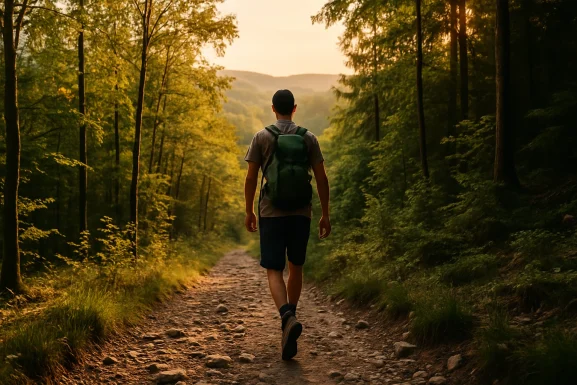 Wanderweg im Hunsrück mit steinigem Untergrund und Wald