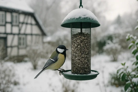 Vögel fressen an einer Futterstelle im Garten