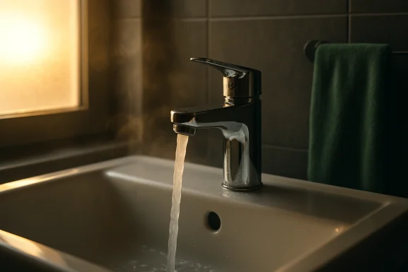 Moderne Armatur mit fließendem Wasser in heller Küche