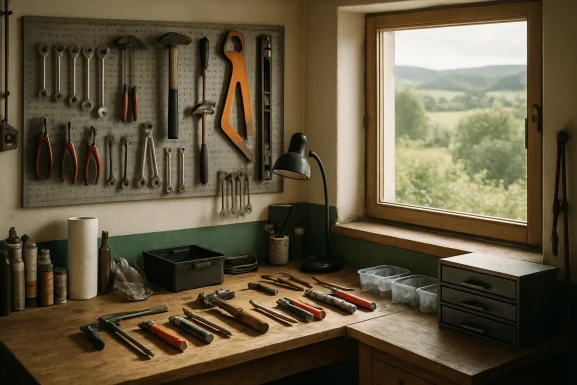 Werkzeug und Checkliste auf einem Holztisch im Handwerksbetrieb