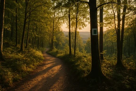 Markierter Wanderweg durch grünen Wald im Hunsrück
