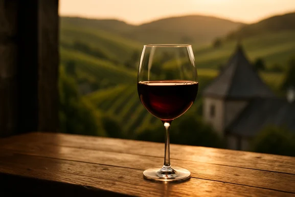 Weinglas und Flasche auf Holztisch, Wein wird begutachtet