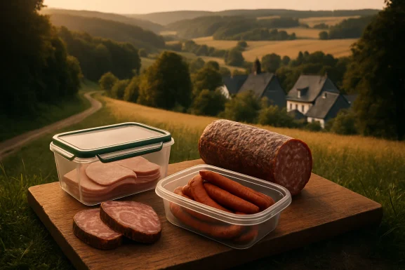 Verschiedene Wurstsorten und Aufschnitt auf einem Holzbrett im Kühlschrank